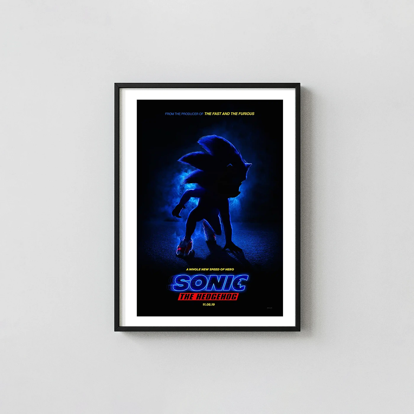 Sonic the Hedgehog | Movie Poster | Blue Speed Silhouette Animation and Anime Posters xe2x80x93 Portrait Frame Wall Art Mockup | MerchFuse