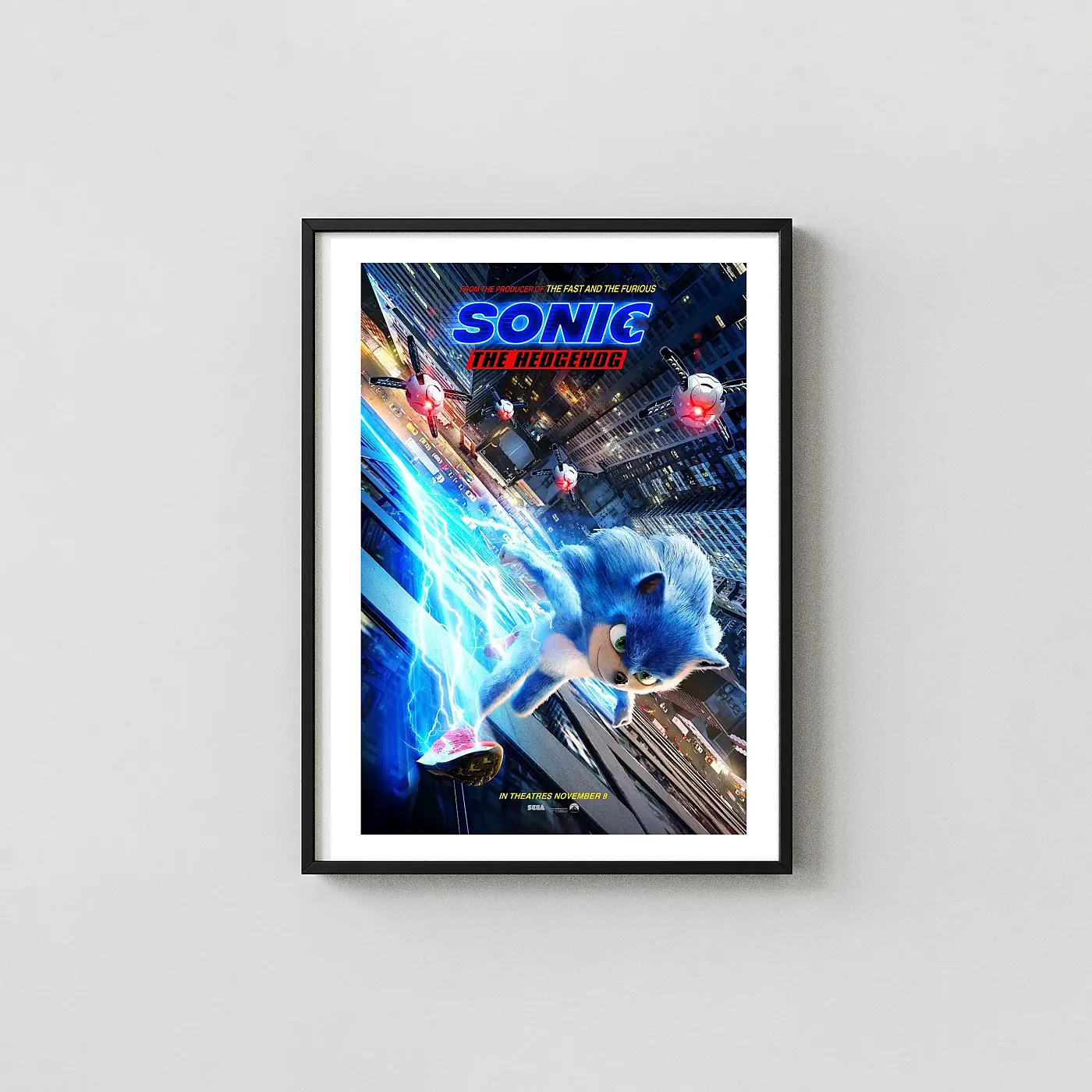 Sonic the Hedgehog | Movie Poster | Lightning Speed Skyscraper Animation and Anime Posters xe2x80x93 Portrait Frame Wall Art Mockup | MerchFuse
