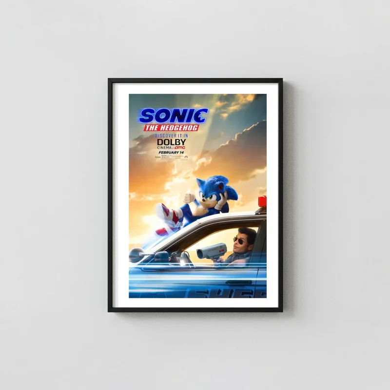 Sonic the Hedgehog | Movie Poster | Speeding Police Car Wall Animation and Anime Posters xe2x80x93 Portrait Frame Wall Art Mockup | MerchFuse