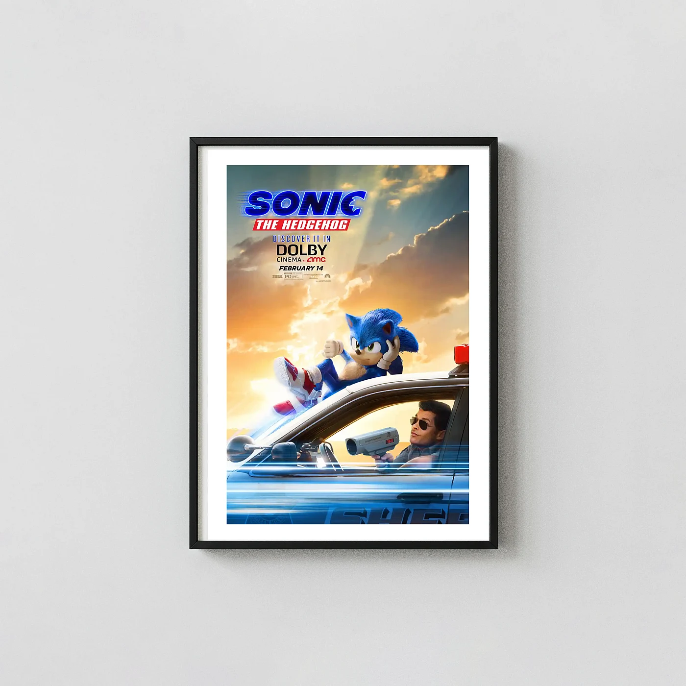 Sonic the Hedgehog | Movie Poster | Speeding Police Car Wall Animation and Anime Posters xe2x80x93 Portrait Frame Wall Art Mockup | MerchFuse