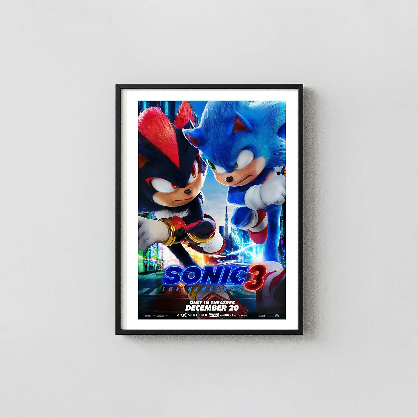 Sonic the Hedgehog 3 | Movie Poster | Sonic vs Shadow Rivalry Animation and Anime Posters xe2x80x93 Portrait Frame Wall Art Mockup | MerchFuse