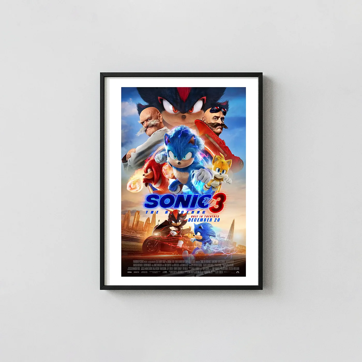 Sonic the Hedgehog 3 | Movie Poster | Shadow, Sonic & Robotnik Character Montage Animation and Anime Posters xe2x80x93 Portrait Frame Wall Art Mockup | MerchFuse