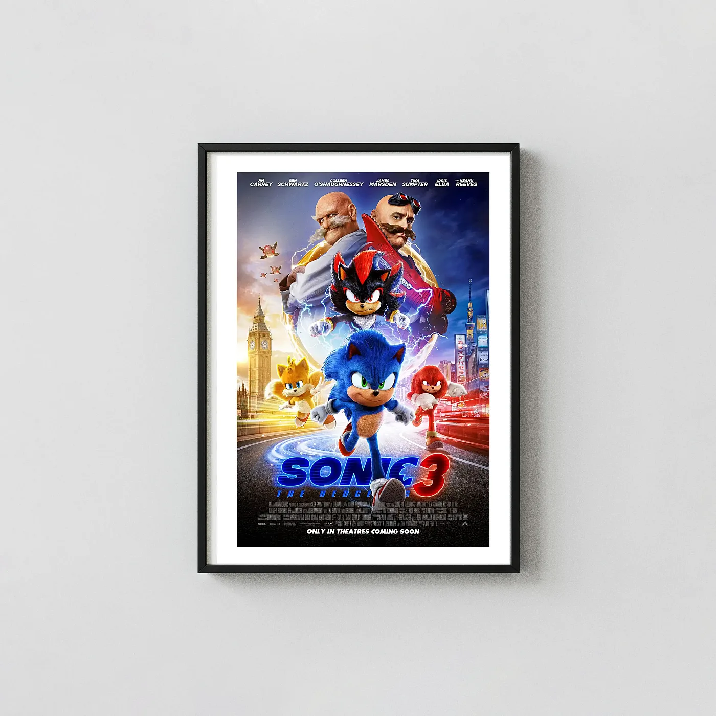 Sonic the Hedgehog 3 | Movie Poster | Full Cast Action Animation and Anime Posters xe2x80x93 Portrait Frame Wall Art Mockup | MerchFuse