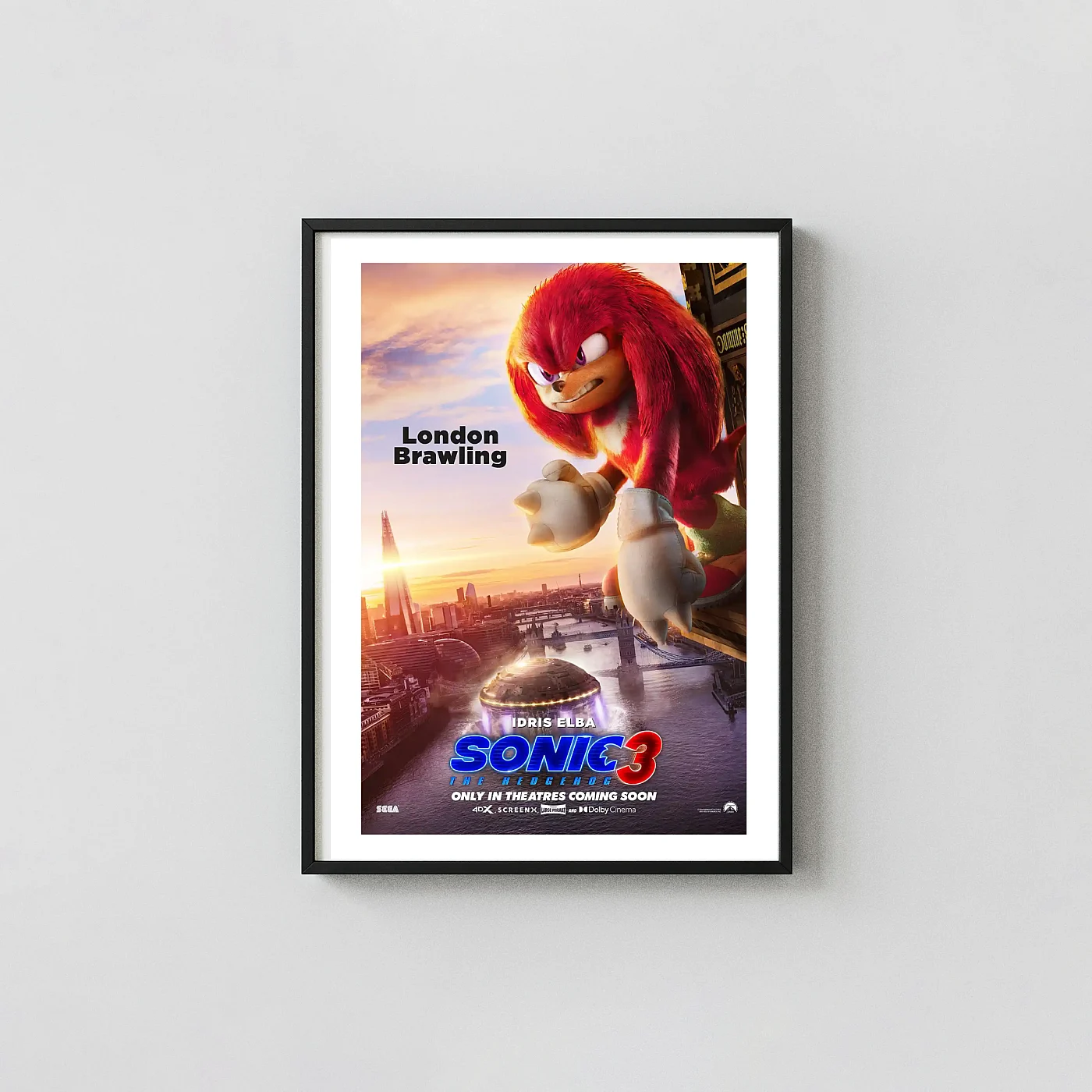 Sonic the Hedgehog 3 | Movie Poster | Knuckles London Brawling Art Animation and Anime Posters xe2x80x93 Portrait Frame Wall Art Mockup | MerchFuse
