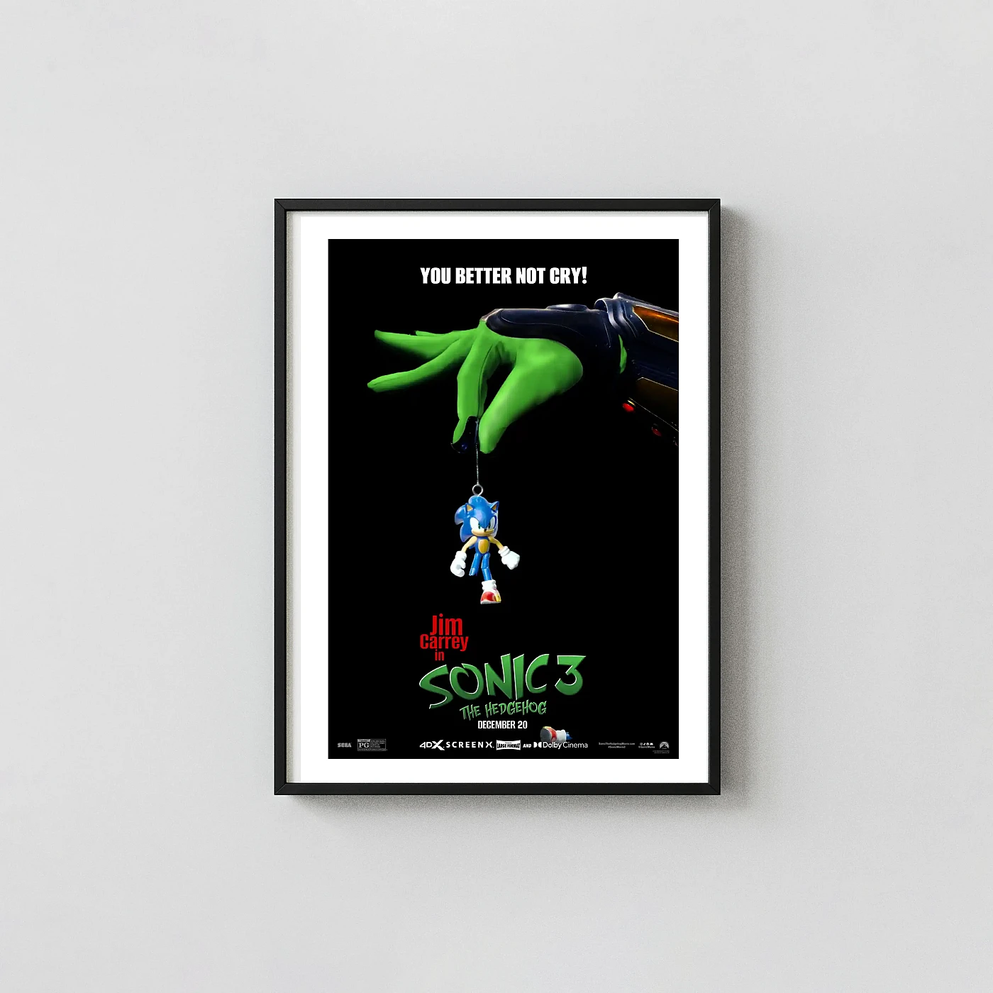 Sonic the Hedgehog 3 | Movie Poster | Dr. Robotnik Green Hand Teaser Animation and Anime Posters xe2x80x93 Portrait Frame Wall Art Mockup | MerchFuse