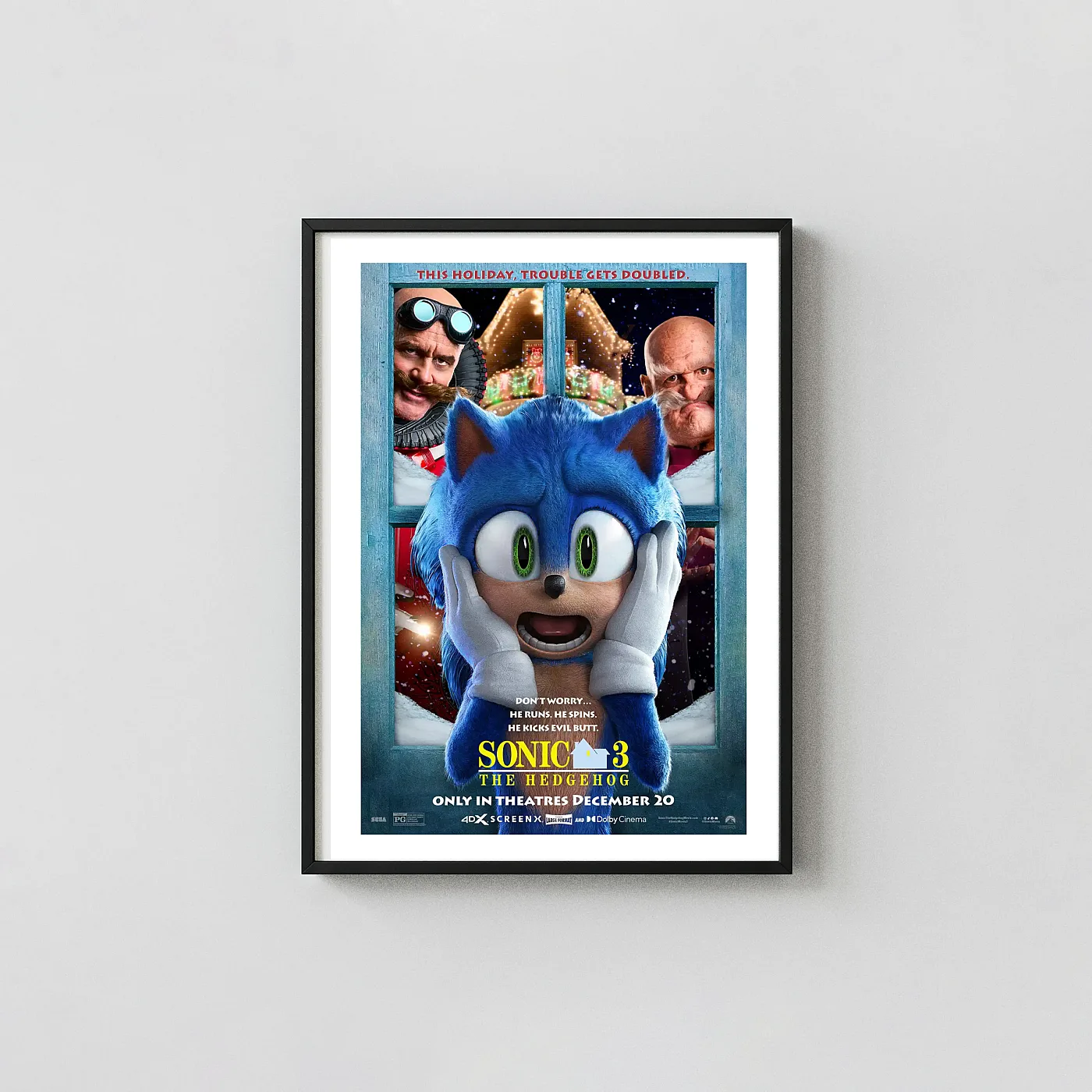 Sonic the Hedgehog 3 | Movie Poster | Holiday Window Scene Art Animation and Anime Posters xe2x80x93 Portrait Frame Wall Art Mockup | MerchFuse