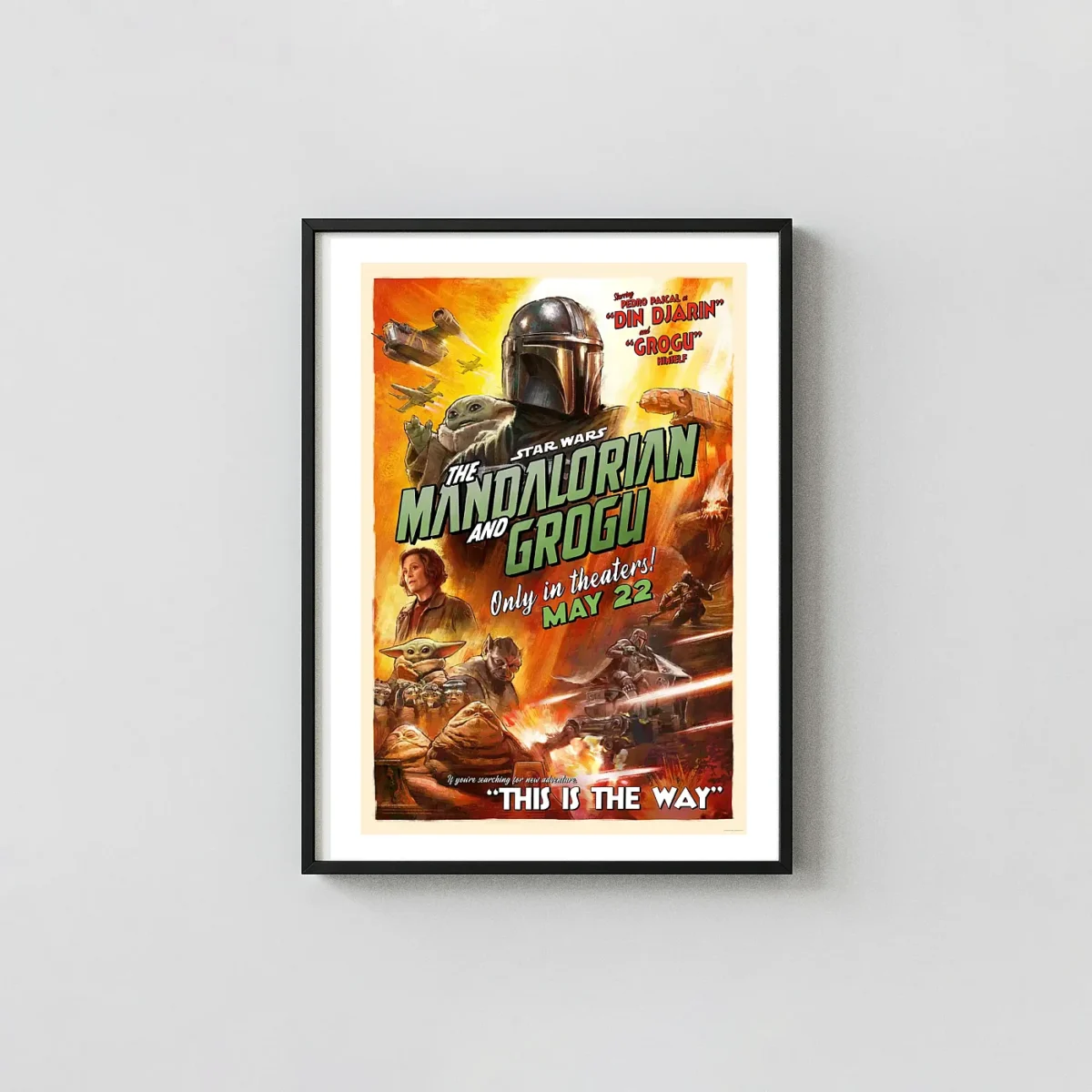 The Mandalorian and Grogu | Movie Poster | Retro Vintage Wall Movie Posters xe2x80x93 Portrait Frame Wall Art Mockup | MerchFuse