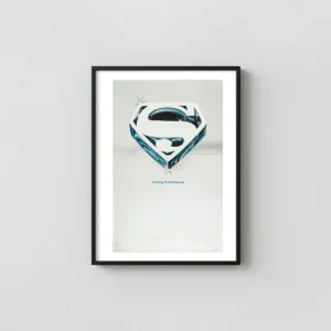 Superman (1978) | Movie Poster | Iconic Chrome S Shield Movie Posters xe2x80x93 Portrait Frame Wall Art Mockup | MerchFuse