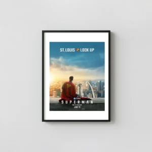 Superman 2025 | Movie Poster | Krypto and St. Louis Skyline Movie Posters xe2x80x93 Portrait Frame Wall Art Mockup | MerchFuse