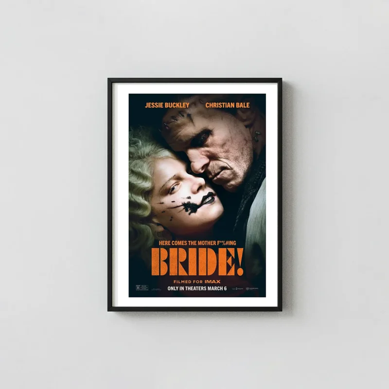 The Bride (2026) Movie Poster | Christian Bale & Jessie Buckley Horror Movies Posters xe2x80x93 Portrait Frame Wall Art Mockup | MerchFuse
