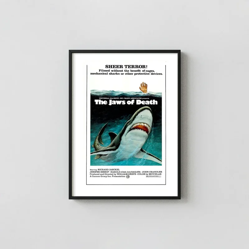 The Jaws of Death | Vintage Horror Movie Poster | Great White Shark Horror Movies Posters xe2x80x93 Portrait Frame Wall Art Mockup | MerchFuse