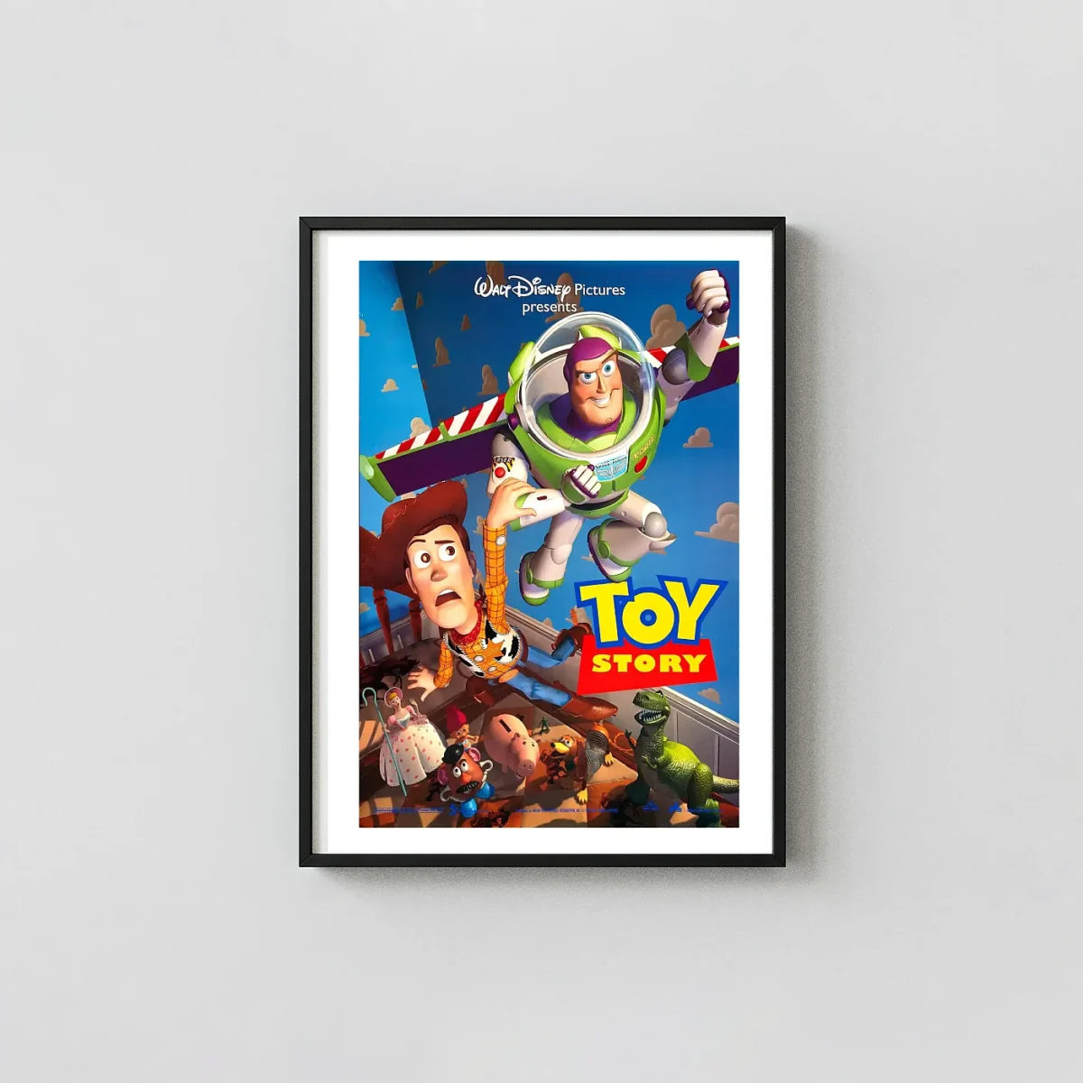 Toy Story (1995) | Movie Poster | Woody & Buzz Lightyear Classic Art Animation and Anime Posters xe2x80x93 Portrait Frame Wall Art Mockup | MerchFuse