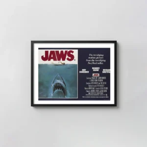 Jaws | Classic Horror Movie Poster | Iconic Shark Attack Horror Movies Posters xe2x80x93 Landscape Frame Wall Art Mockup | MerchFuse