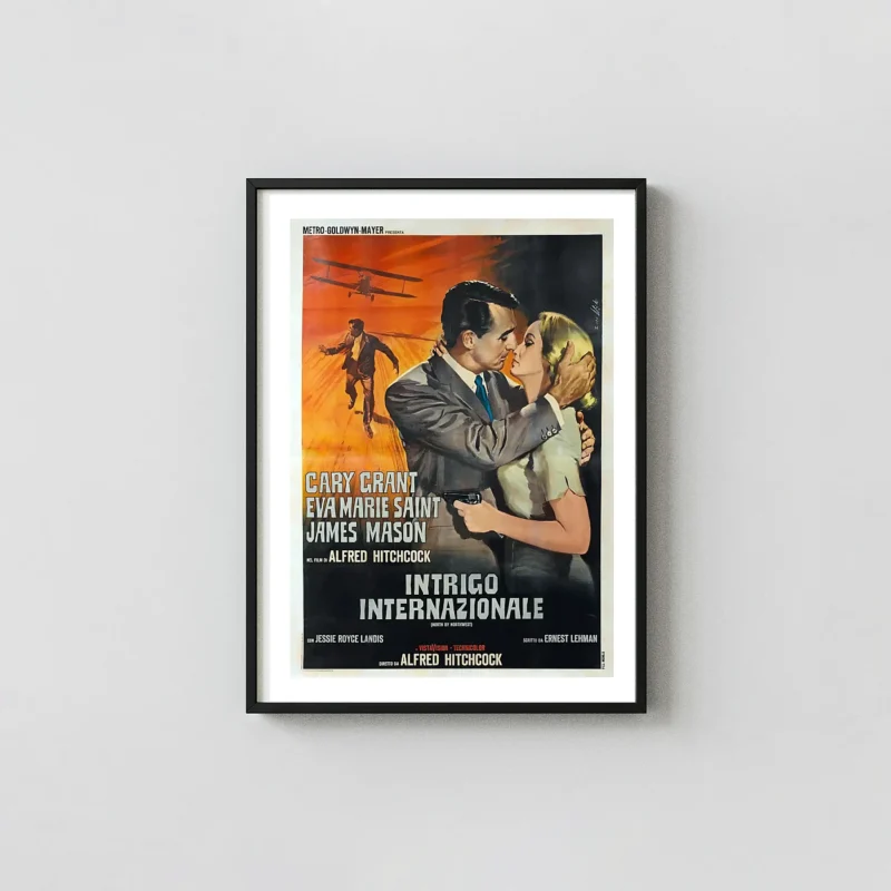 North by Northwest | Movie Poster | Vintage Cary Grant Kiss Illustration Movie Posters xe2x80x93 Portrait Frame Wall Art Mockup | MerchFuse