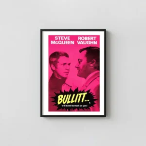Bullitt (1968) | Movie Poster | Steve McQueen Pink Pop Action & Adventure Movie Posters xe2x80x93 Portrait Frame Wall Art Mockup | MerchFuse