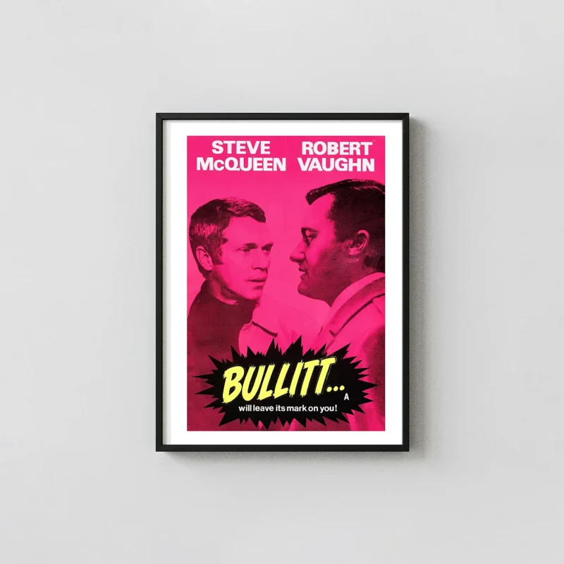 Bullitt (1968) | Movie Poster | Steve McQueen Pink Pop Action & Adventure Movie Posters xe2x80x93 Portrait Frame Wall Art Mockup | MerchFuse