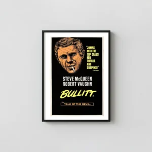 Bullitt (1968) | Movie Poster | Steve McQueen Smoking Action & Adventure Movie Posters xe2x80x93 Portrait Frame Wall Art Mockup | MerchFuse