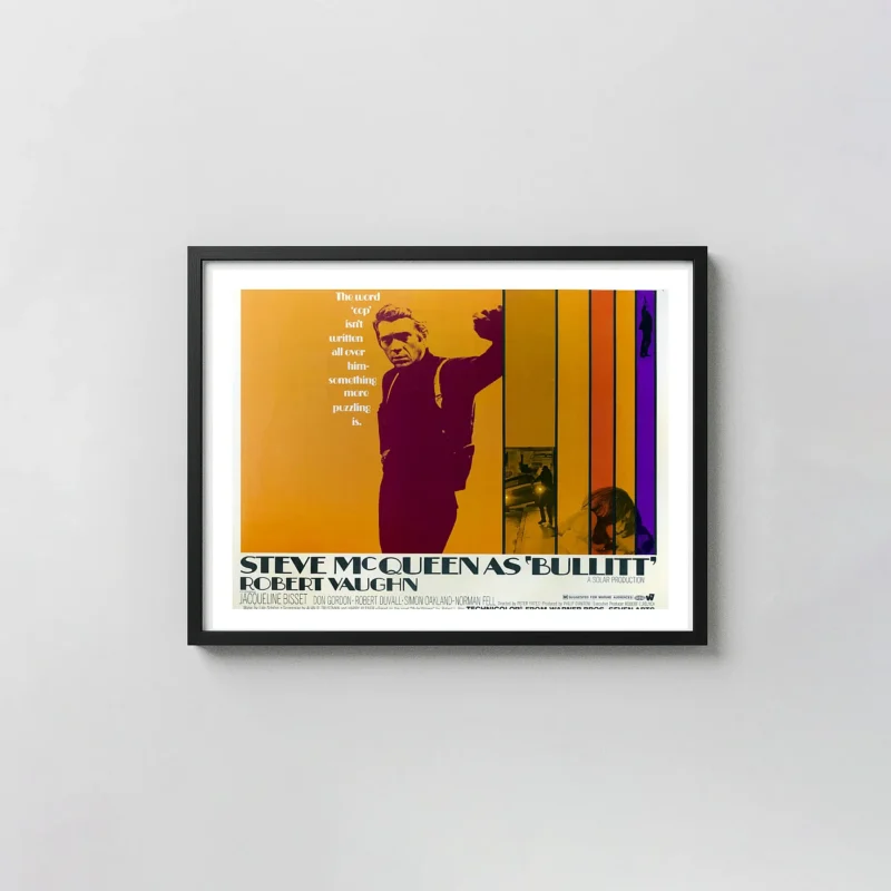 Bullitt (1968) Movie Poster | Steve McQueen Wall Art | Retro Pop Colors Action & Adventure Movie Posters xe2x80x93 Landscape Frame Wall Art Mockup | MerchFuse