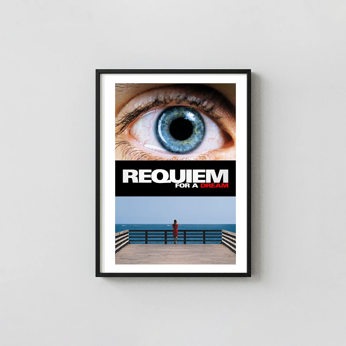 Requiem For A Dream | Movie Poster | Iconic Eye &Amp; Pier Scene Wall Art Print Requiem For A Dream | Movie Poster | Iconic Eye &Amp; Pier Scene Wall Movie Posters Xe2X80X93 Portrait Frame Wall Art Mockup | Merchfuse