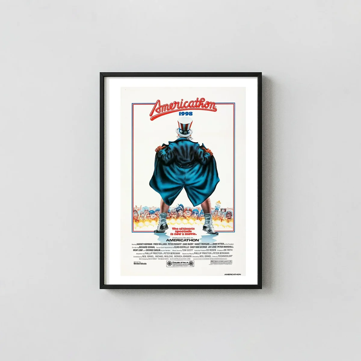 Americathon | Movie Poster | Uncle Sam Bare Legs Satirical Art Cult Classic Movies Posters xe2x80x93 Portrait Frame Wall Art Mockup | MerchFuse