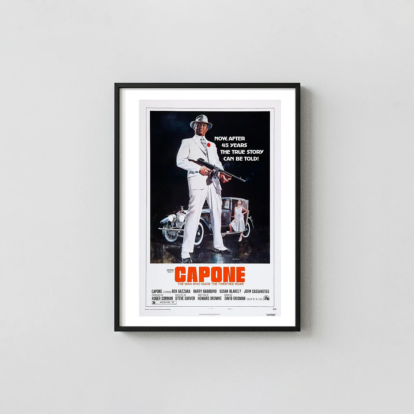 Capone (1975) | Movie Poster | Vintage Al Capone Tommy Gun Movie Posters xe2x80x93 Portrait Frame Wall Art Mockup | MerchFuse