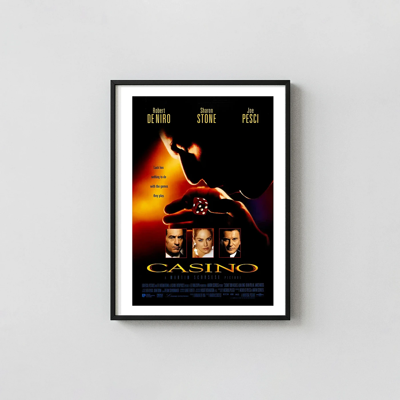 Casino (1995 Film) | Movie Poster | Iconic Dice & Cast Portrait Art Movie Posters xe2x80x93 Portrait Frame Wall Art Mockup | MerchFuse