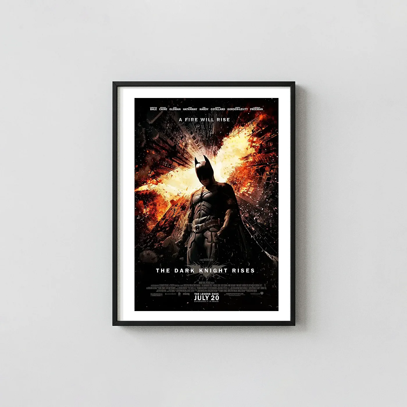 The Dark Knight Rises | Movie Poster | Batman Amidst Fiery Gotham Action & Adventure Movie Posters xe2x80x93 Portrait Frame Wall Art Mockup | MerchFuse