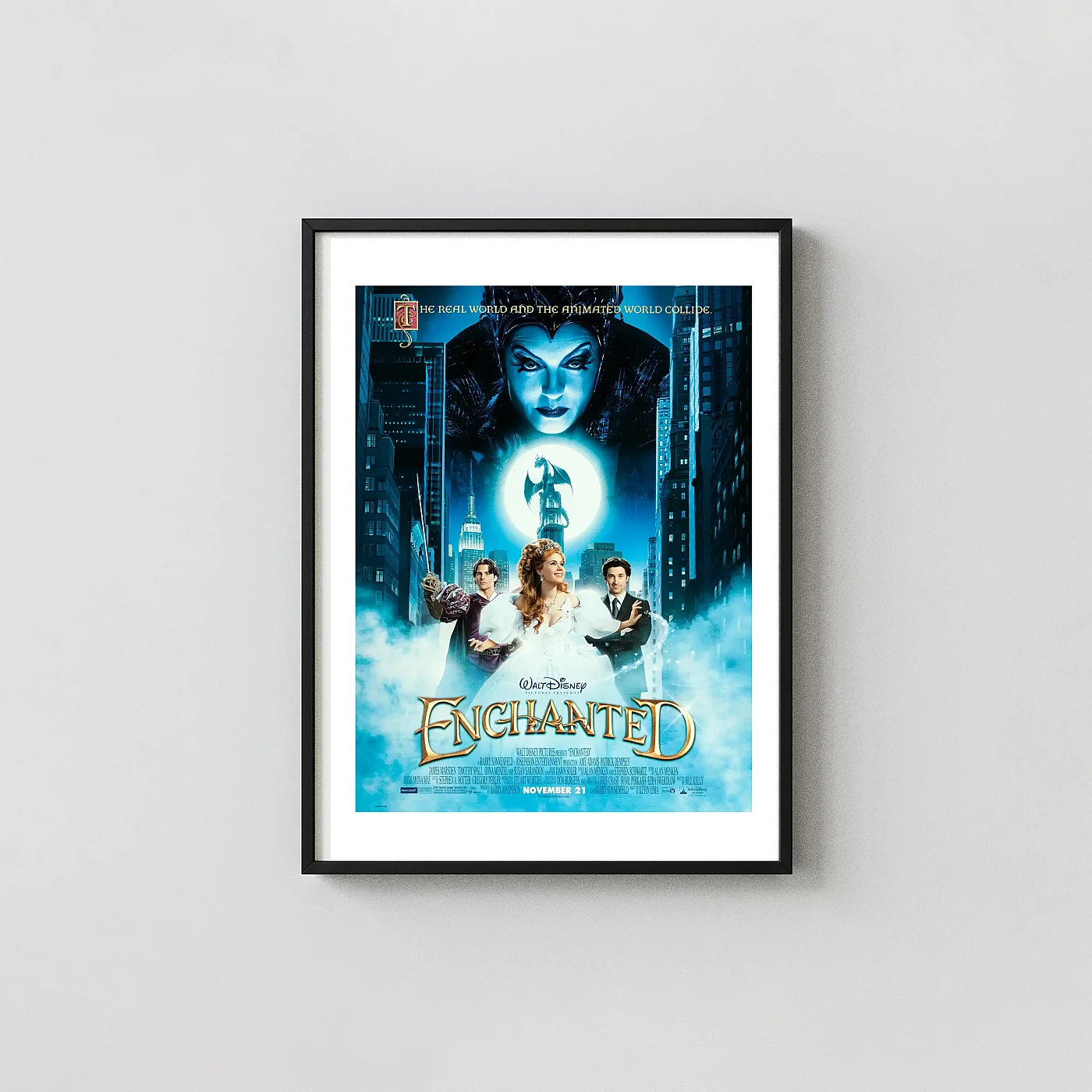 Enchanted | Disney Movie Poster | Giselle, Narissa & NYC Skyline Art Animation and Anime Posters xe2x80x93 Portrait Frame Wall Art Mockup | MerchFuse