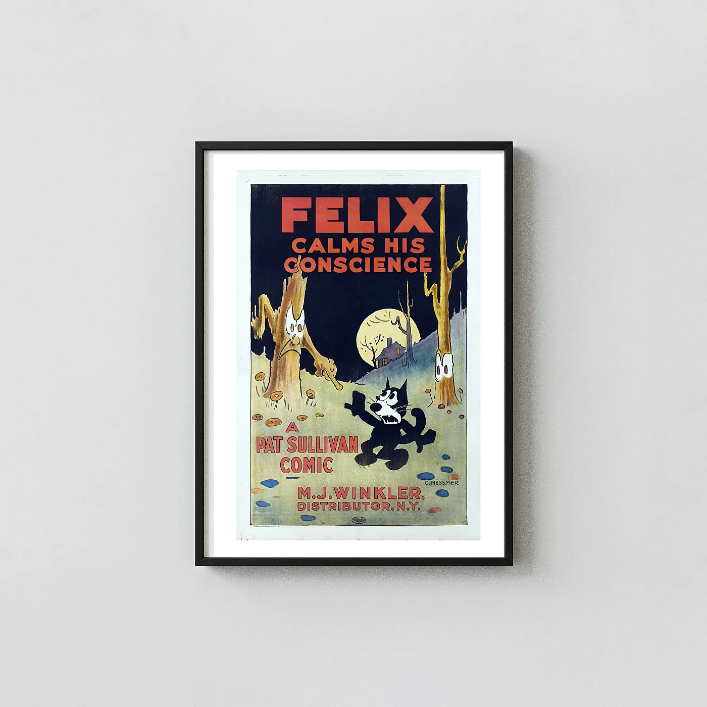 Felix Calms His Conscience | Movie Poster | 1923 Pat Sullivan Vintage Cartoon Animation and Anime Posters xe2x80x93 Portrait Frame Wall Art Mockup | MerchFuse