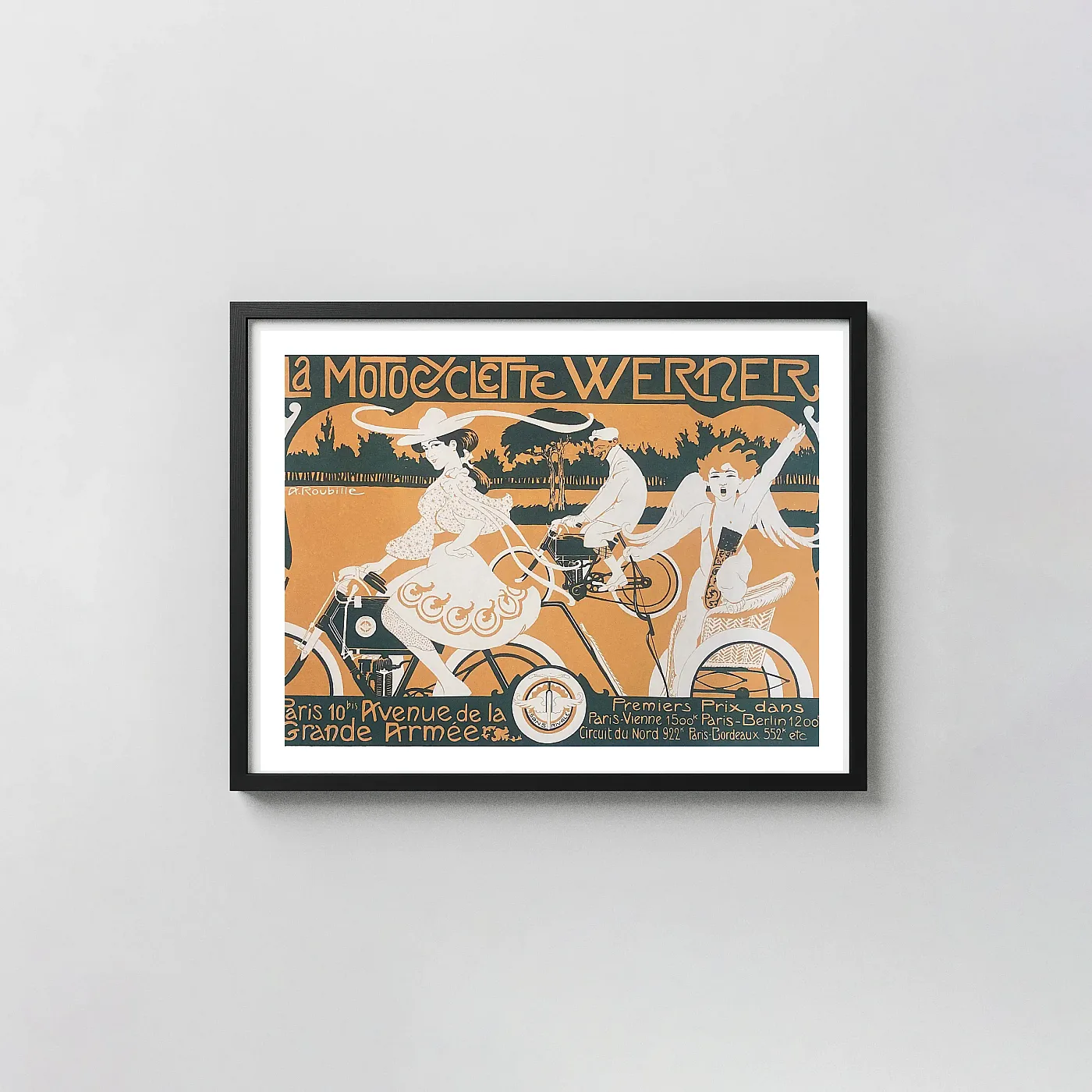 La Motocyclette Werner | Art Nouveau Poster | Vintage 1905 Motorcycle Print La Motocyclette Werner | Art Nouveau Poster | Vintage 1905 Motorcycle Movie Posters Xe2X80X93 Landscape Frame Wall Art Mockup | Merchfuse