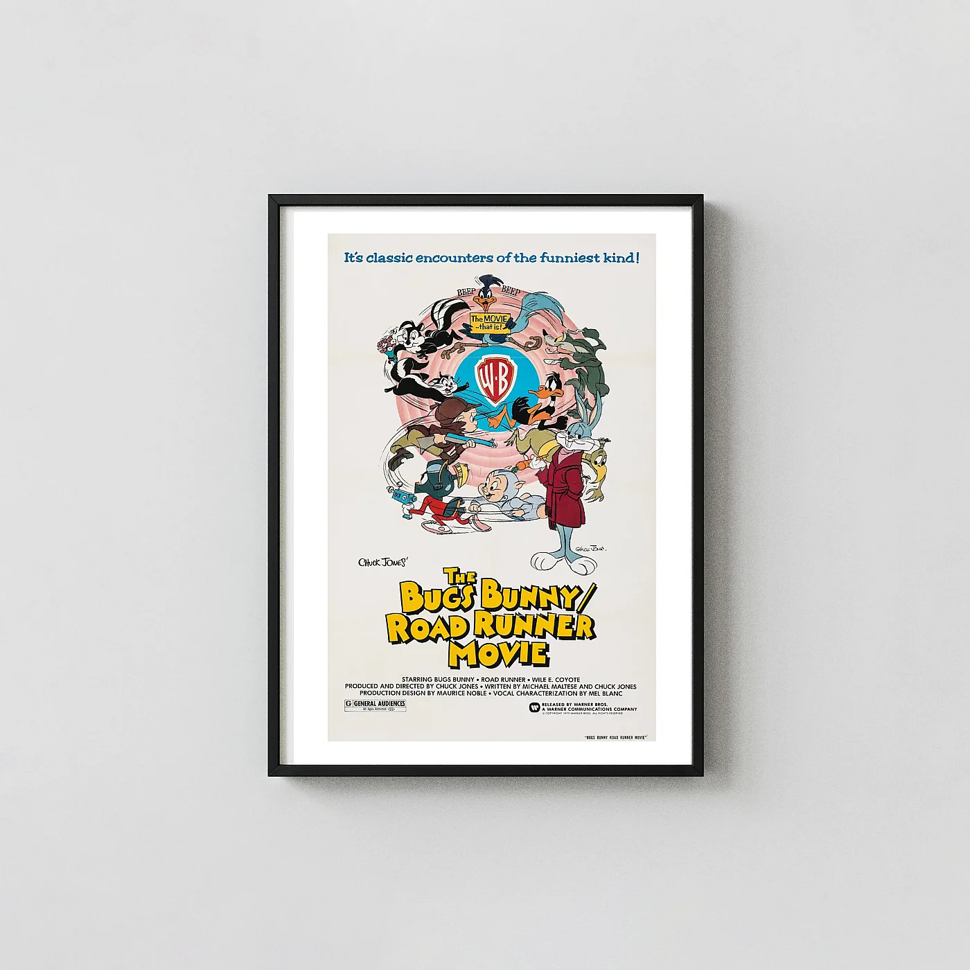 The Bugs Bunny/Road Runner Movie | Classic Cartoon Poster | Looney Tunes Ensemble Art The Bugs Bunny/Road Runner Movie | Classic Cartoon Poster | Looney Tunes Ensemble Art Movie Posters Xe2X80X93 Portrait Frame Wall Art Mockup | Merchfuse