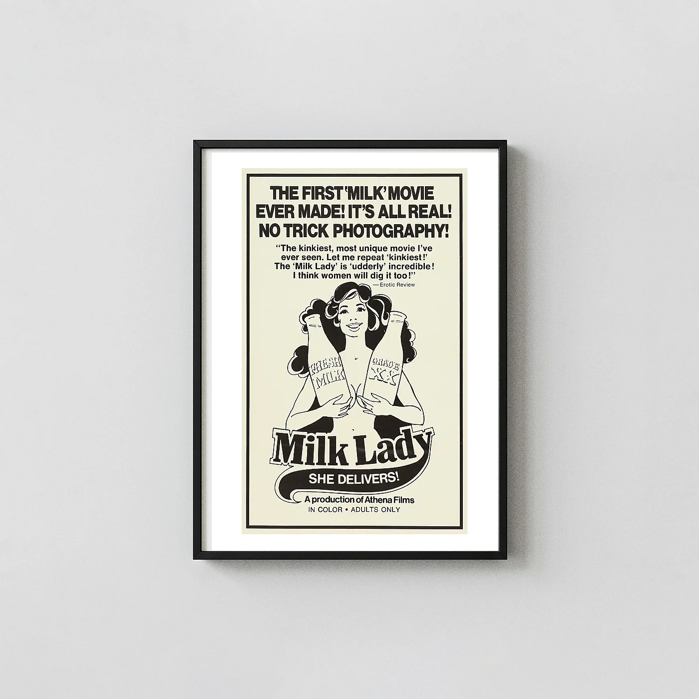 Milk Lady She Delivers! | Vintage Movie Poster | 70S Adult Film Art Print Milk Lady She Delivers! | Vintage Movie Poster | 70S Adult Film Cult Classic Movies Posters Xe2X80X93 Portrait Frame Wall Art Mockup | Merchfuse