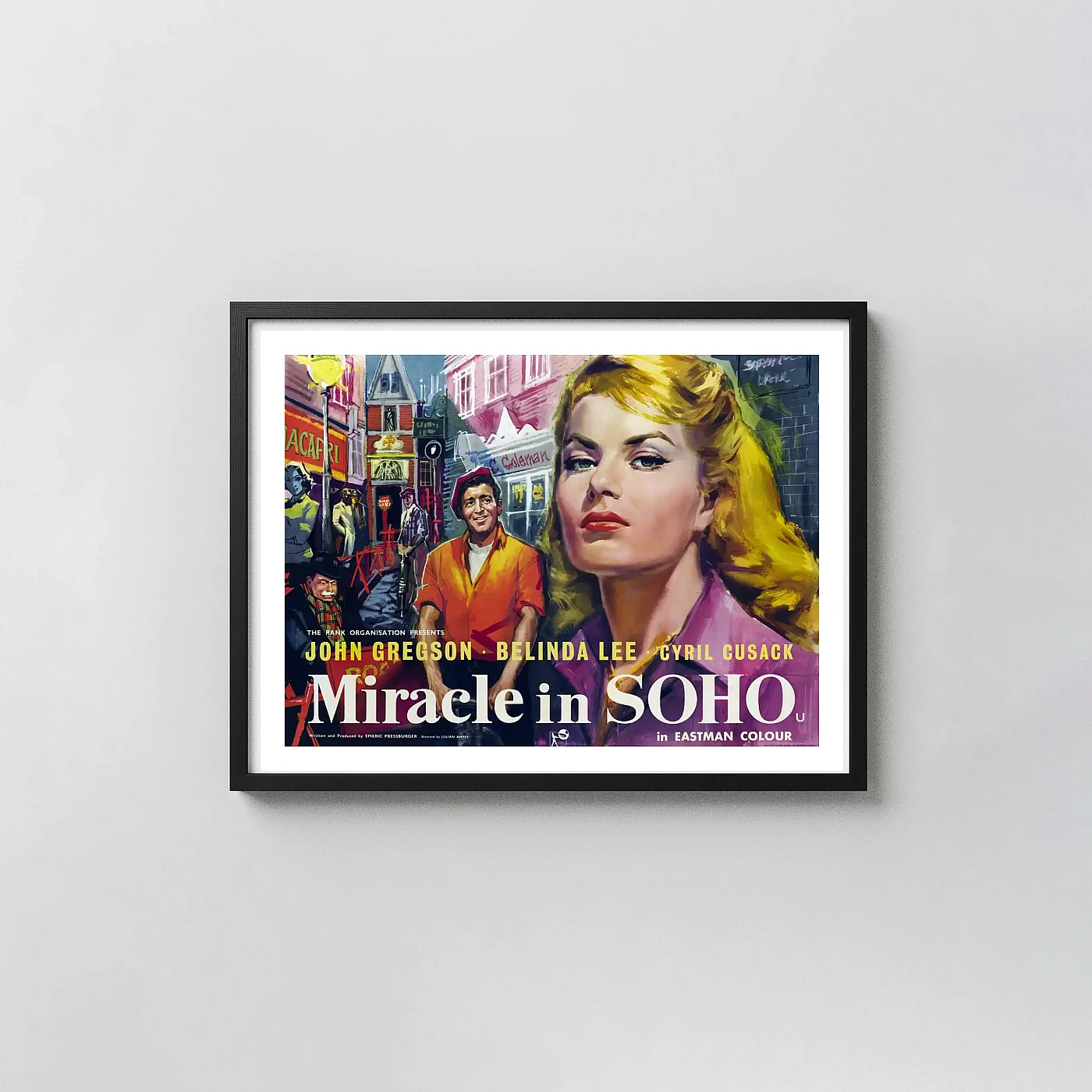 Miracle in Soho (1957) | Movie Poster | Vintage Illustration Movie Posters xe2x80x93 Landscape Frame Wall Art Mockup | MerchFuse