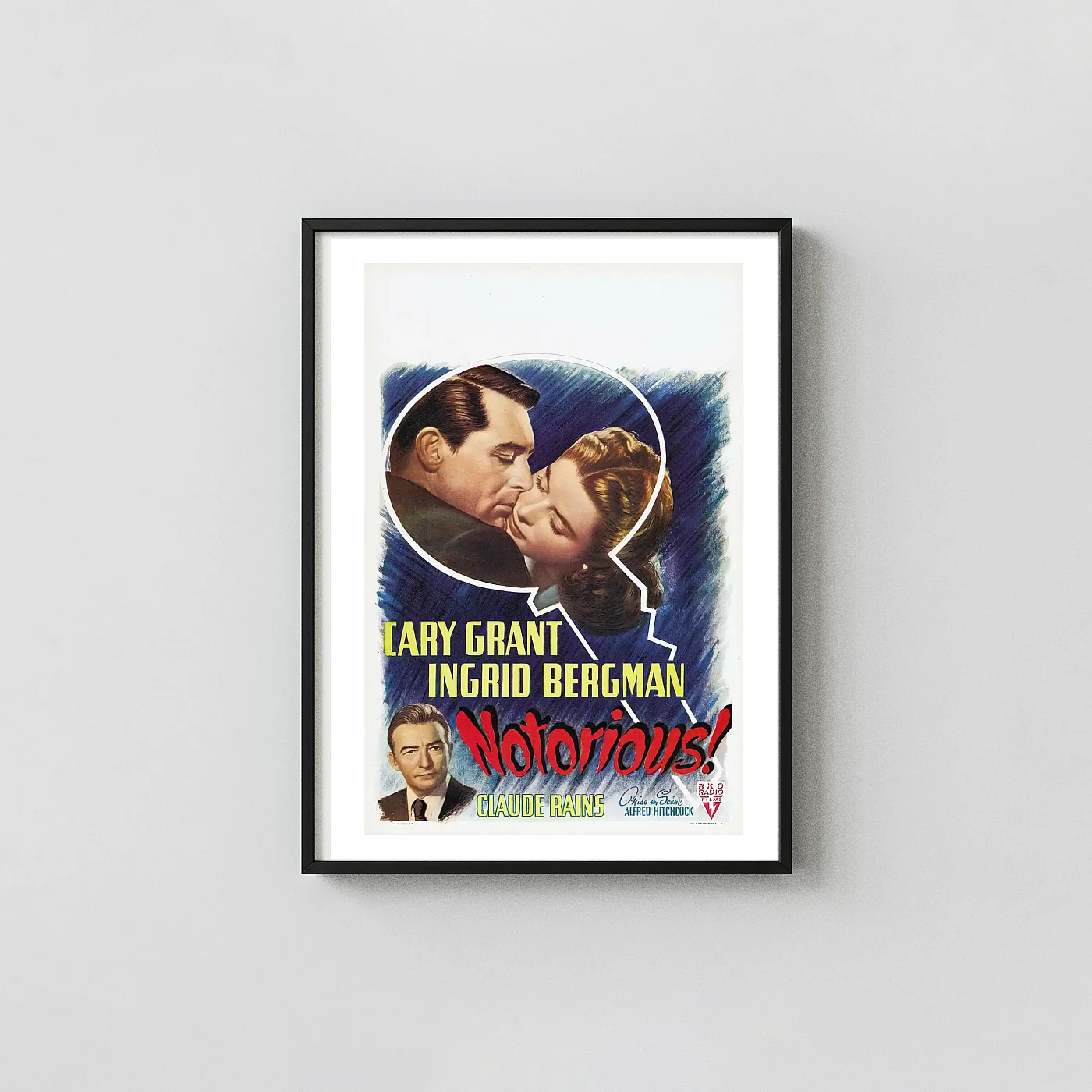 Notorious (1946) | Classic Movie Poster | Cary Grant Ingrid Bergman Kiss Movie Posters xe2x80x93 Portrait Frame Wall Art Mockup | MerchFuse