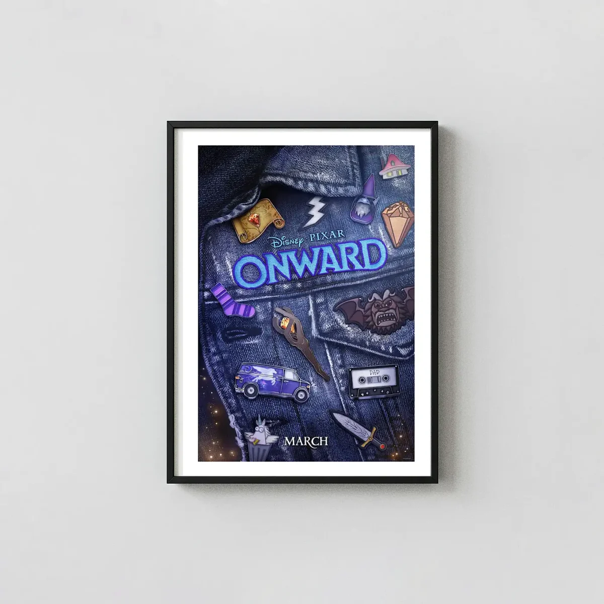 Onward (2020) | Disney Pixar Movie Poster | Patch and Pin Denim Art Animation and Anime Posters xe2x80x93 Portrait Frame Wall Art Mockup | MerchFuse