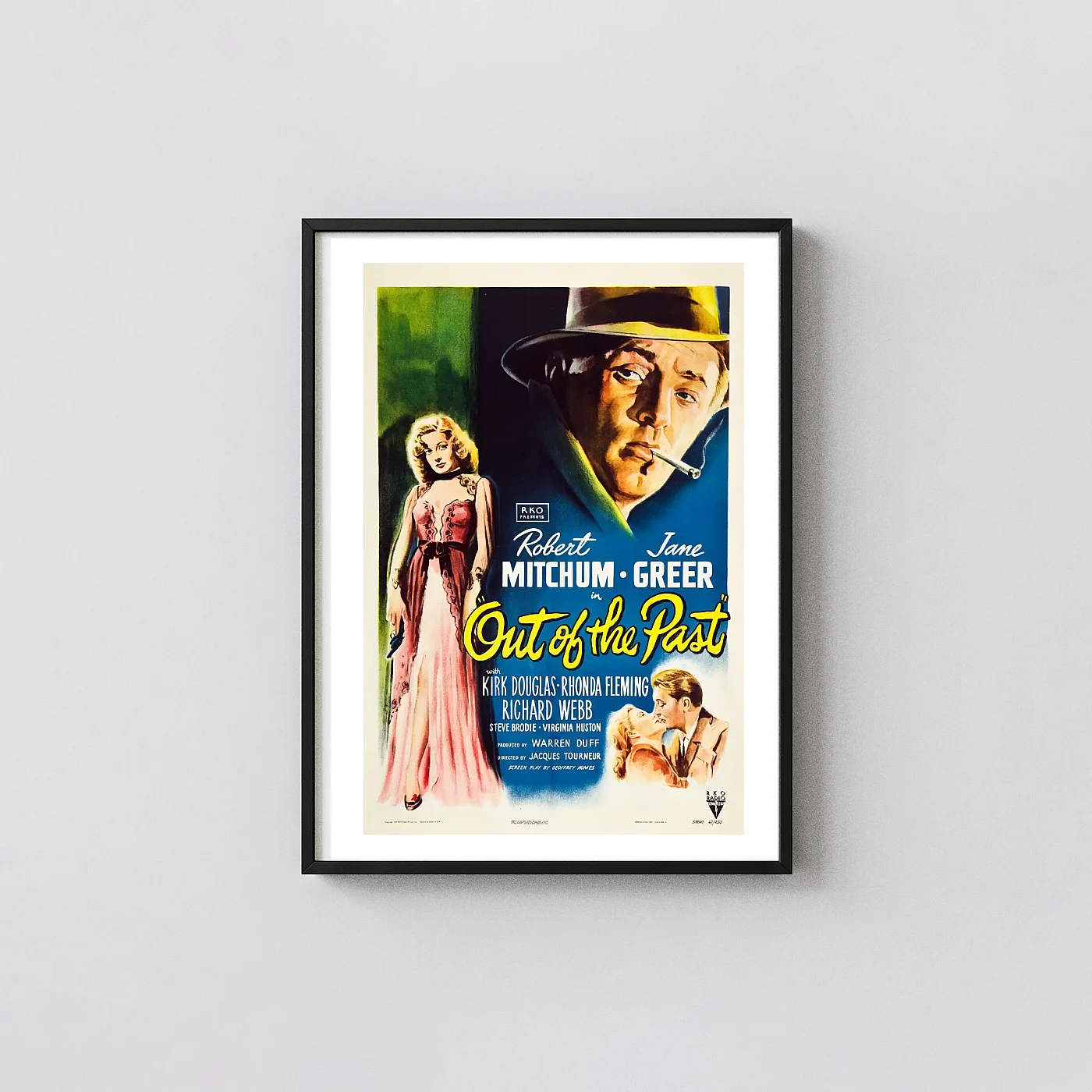 Out of the Past (1947) | Movie Poster | Classic Film Noir Movie Posters xe2x80x93 Portrait Frame Wall Art Mockup | MerchFuse