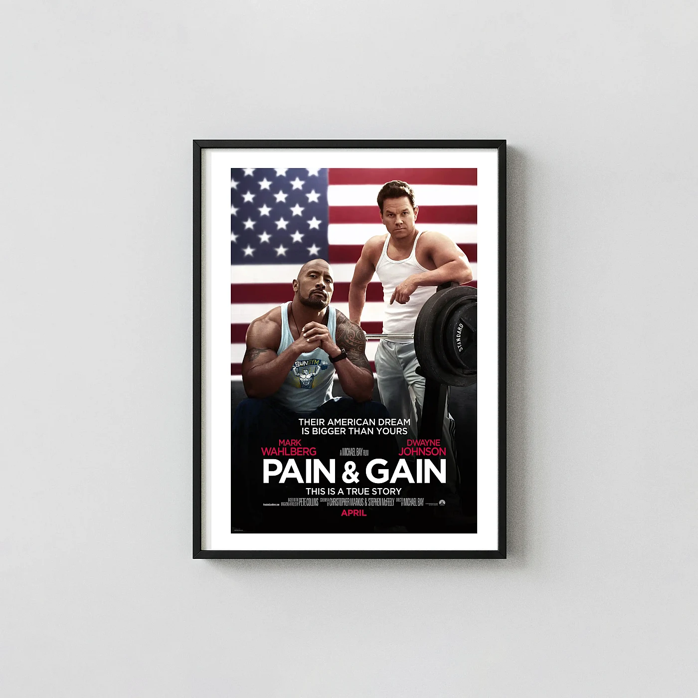 Pain & Gain | Movie Poster | Dwayne Johnson Mark Wahlberg Art Movie Posters xe2x80x93 Portrait Frame Wall Art Mockup | MerchFuse