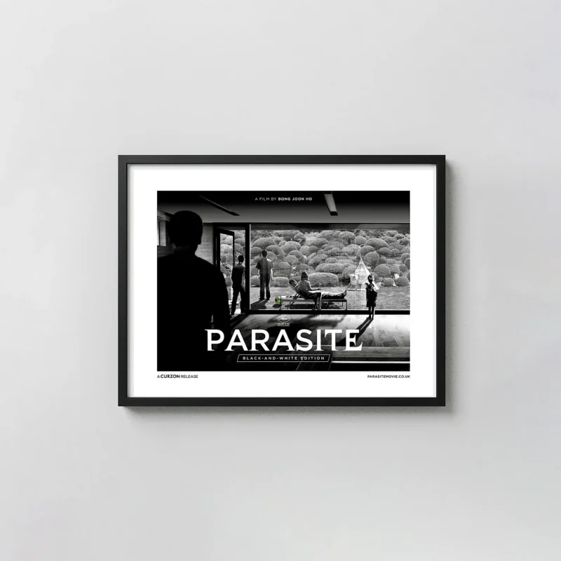 Parasite | Movie Poster | Black & White Minimalist Garden Scene Minimalist Movie Poster xe2x80x93 Landscape Frame Wall Art Mockup | MerchFuse