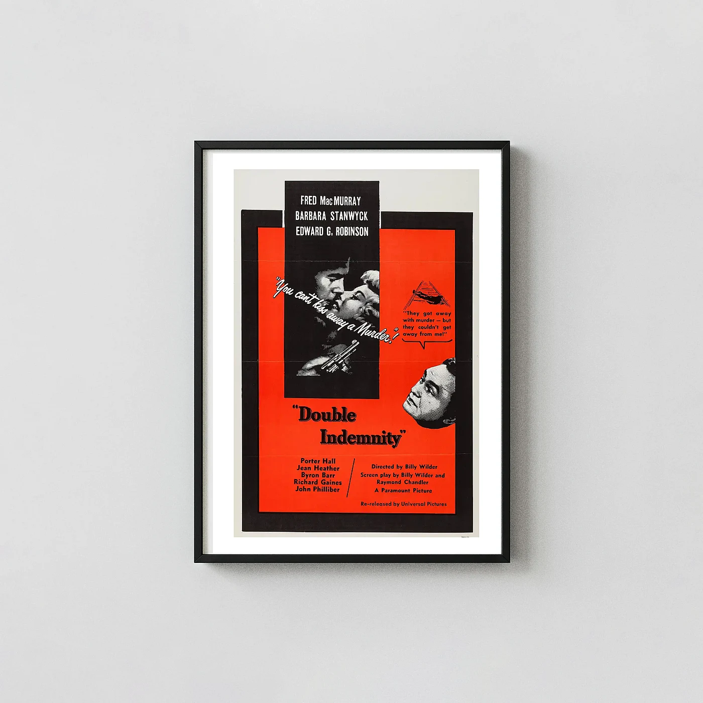 Double Indemnity | Movie Poster | Classic Film Noir Red Design Double Indemnity Movie Posters xe2x80x93 Portrait Frame Wall Art Mockup | MerchFuse