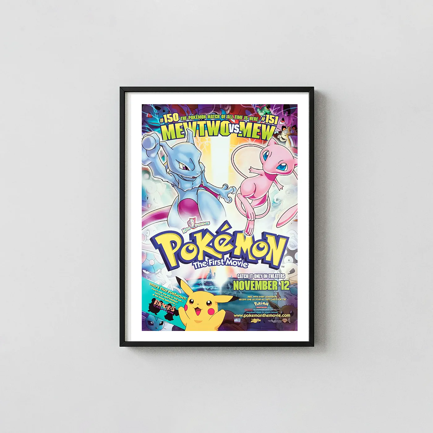 Pokémon The First Movie | Movie Poster | Mewtwo vs Mew Classic Animation and Anime Posters xe2x80x93 Portrait Frame Wall Art Mockup | MerchFuse