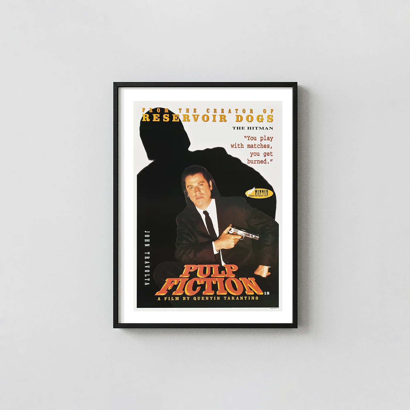 Pulp Fiction | Movie Poster | John Travolta Vincent Vega Gun Art Cult Classic Movies Posters xe2x80x93 Portrait Frame Wall Art Mockup | MerchFuse