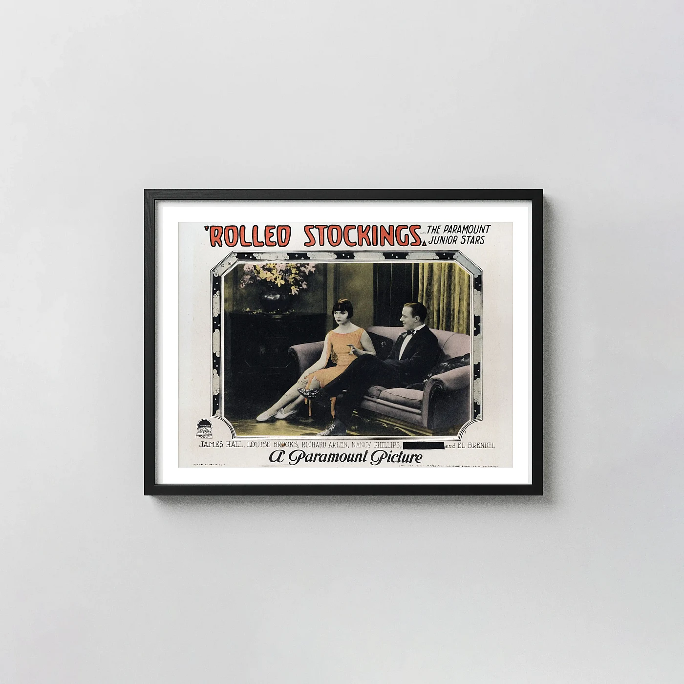 Rolled Stockings | Movie Poster | Louise Brooks Silent Film Art Movie Posters xe2x80x93 Landscape Frame Wall Art Mockup | MerchFuse