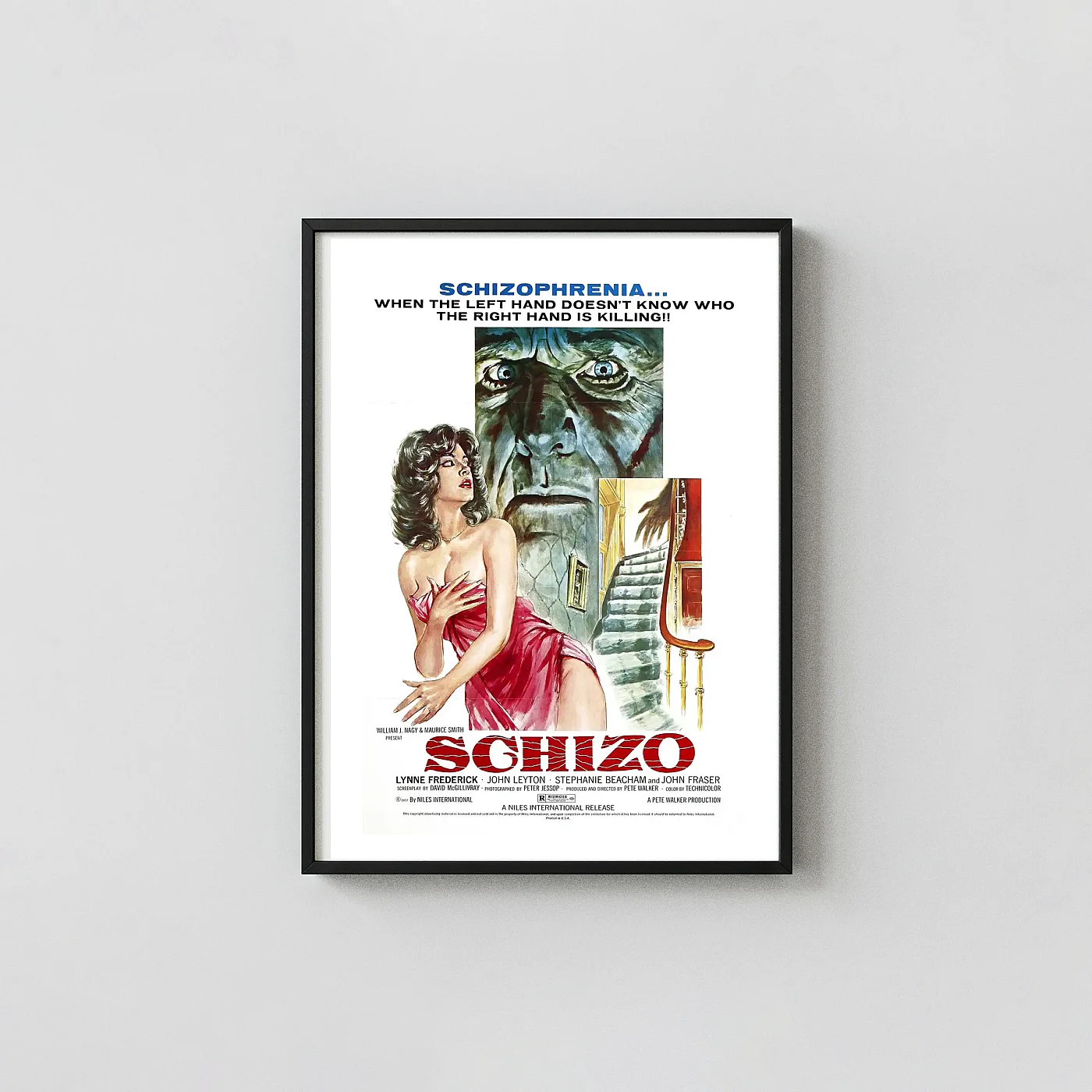 Schizo (1976) | Movie Poster | Vintage Pete Walker Horror Art Horror Movies Posters xe2x80x93 Portrait Frame Wall Art Mockup | MerchFuse