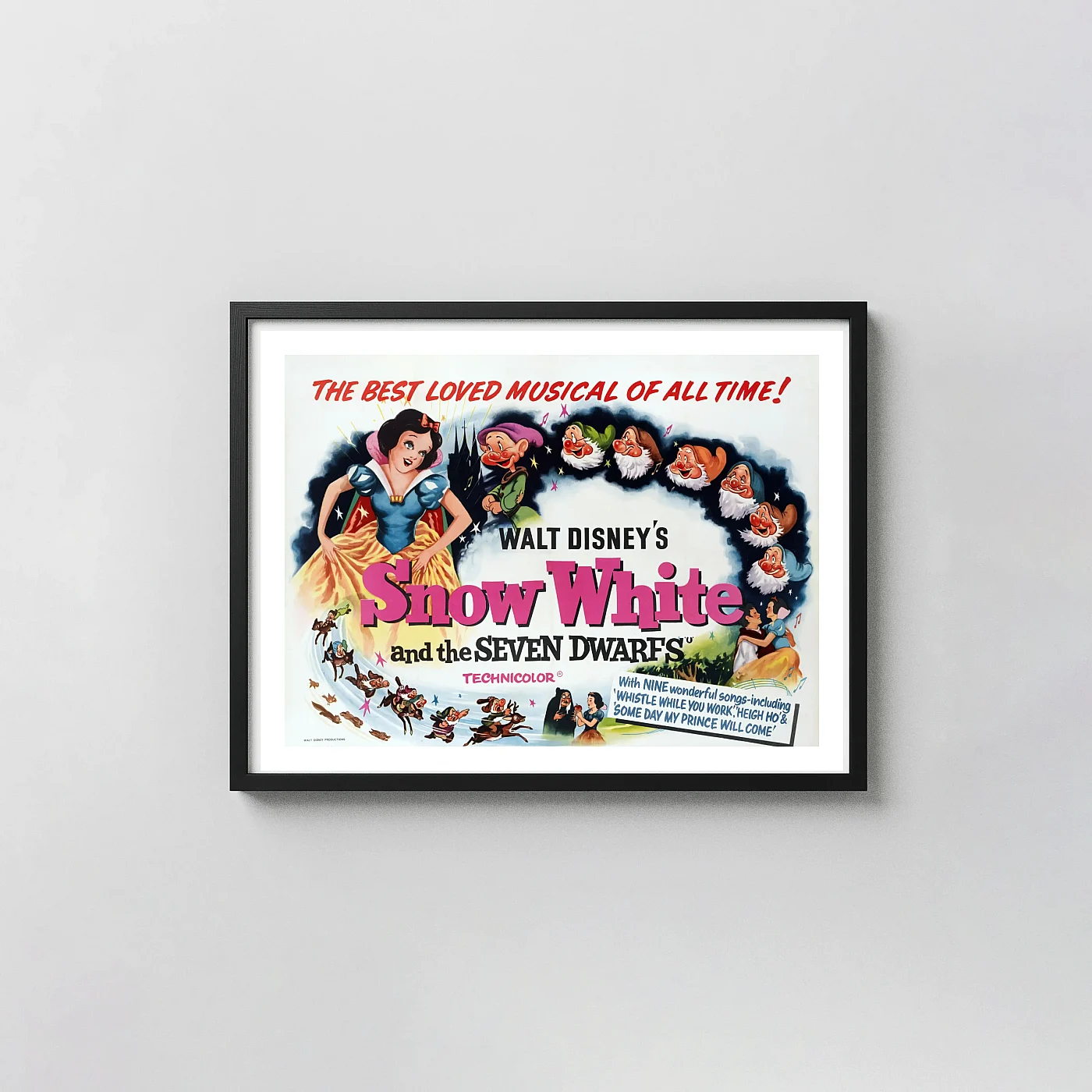 Snow White and the Seven Dwarfs | Classic Movie Poster | 1951 Vintage Art Animation and Anime Posters xe2x80x93 Landscape Frame Wall Art Mockup | MerchFuse