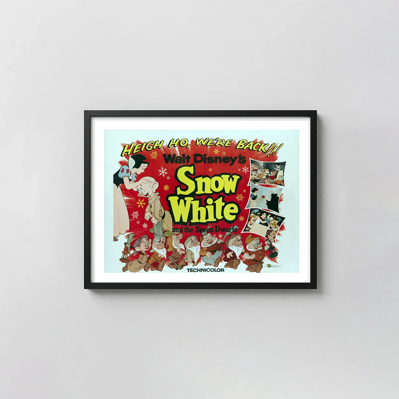 Snow White and the Seven Dwarfs | Disney Movie Poster | Vintage 1958 Re-release Art Animation and Anime Posters xe2x80x93 Landscape Frame Wall Art Mockup | MerchFuse
