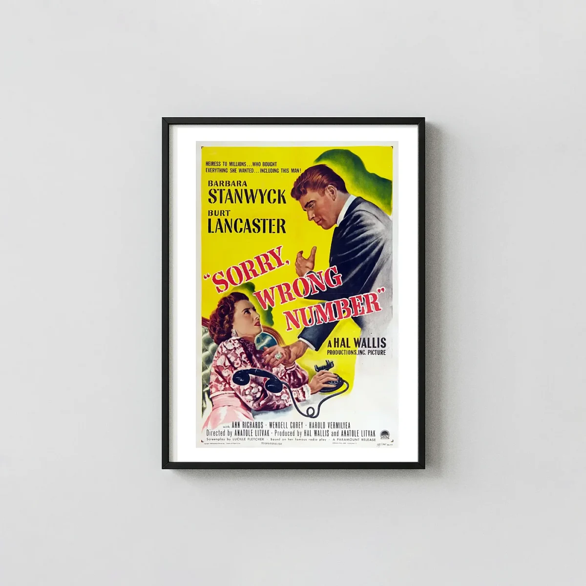 Sorry, Wrong Number | Movie Poster | Classic Film Noir Movie Posters xe2x80x93 Portrait Frame Wall Art Mockup | MerchFuse