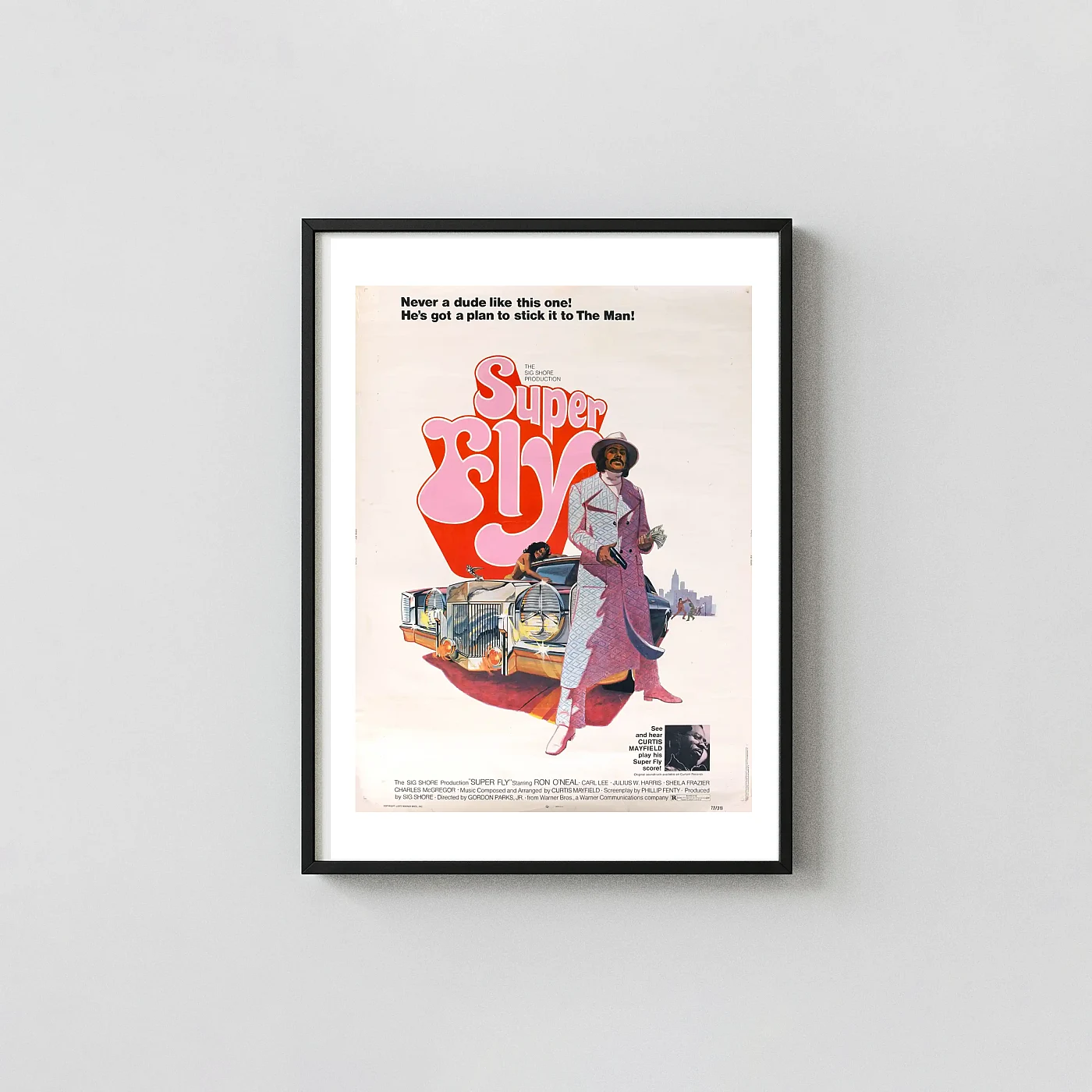 Superfly 1972 Movie Poster - Warner Bros Blaxploitation Film Wall Animation and Anime Posters xe2x80x93 Portrait Frame Wall Art Mockup | MerchFuse
