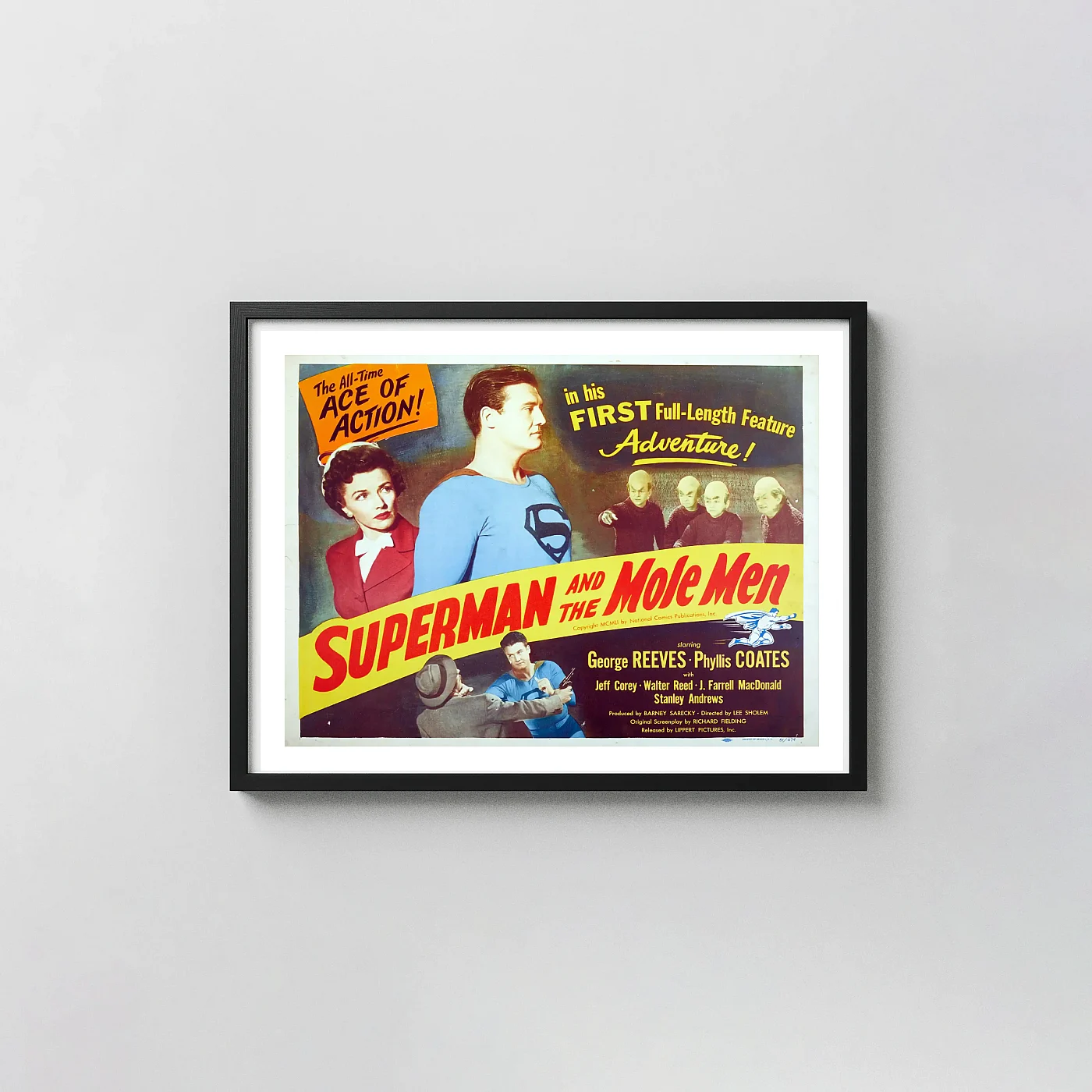 Superman And The Mole Men 1951 Movie Poster - Lippert Pictures Vintage Superhero Wall Art Superman And The Mole Men 1951 Movie Poster - Lippert Pictures Vintage Superhero Movie Posters Xe2X80X93 Landscape Frame Wall Art Mockup | Merchfuse