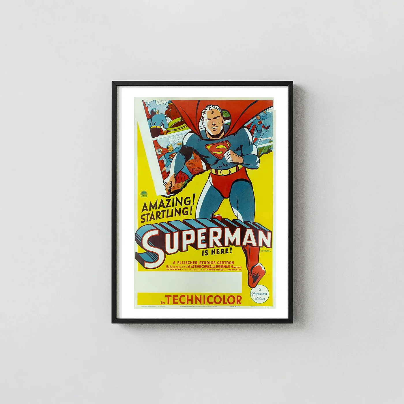 Superman Cartoon Paramount 1941 Poster — Vintage Fleischer Studios Animation Movie Posters xe2x80x93 Portrait Frame Wall Art Mockup | MerchFuse