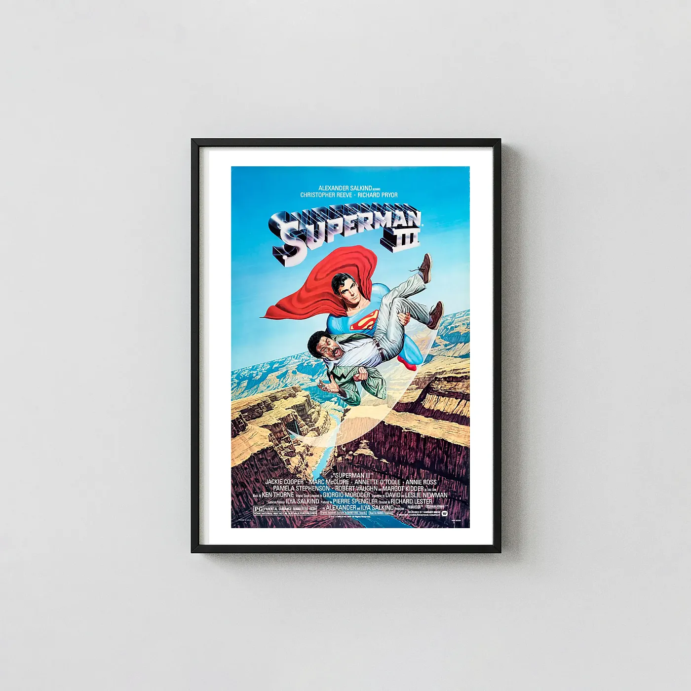 Superman III Movie Poster 1983 - Warner Brothers One-Sheet Superhero Movie Posters xe2x80x93 Portrait Frame Wall Art Mockup | MerchFuse